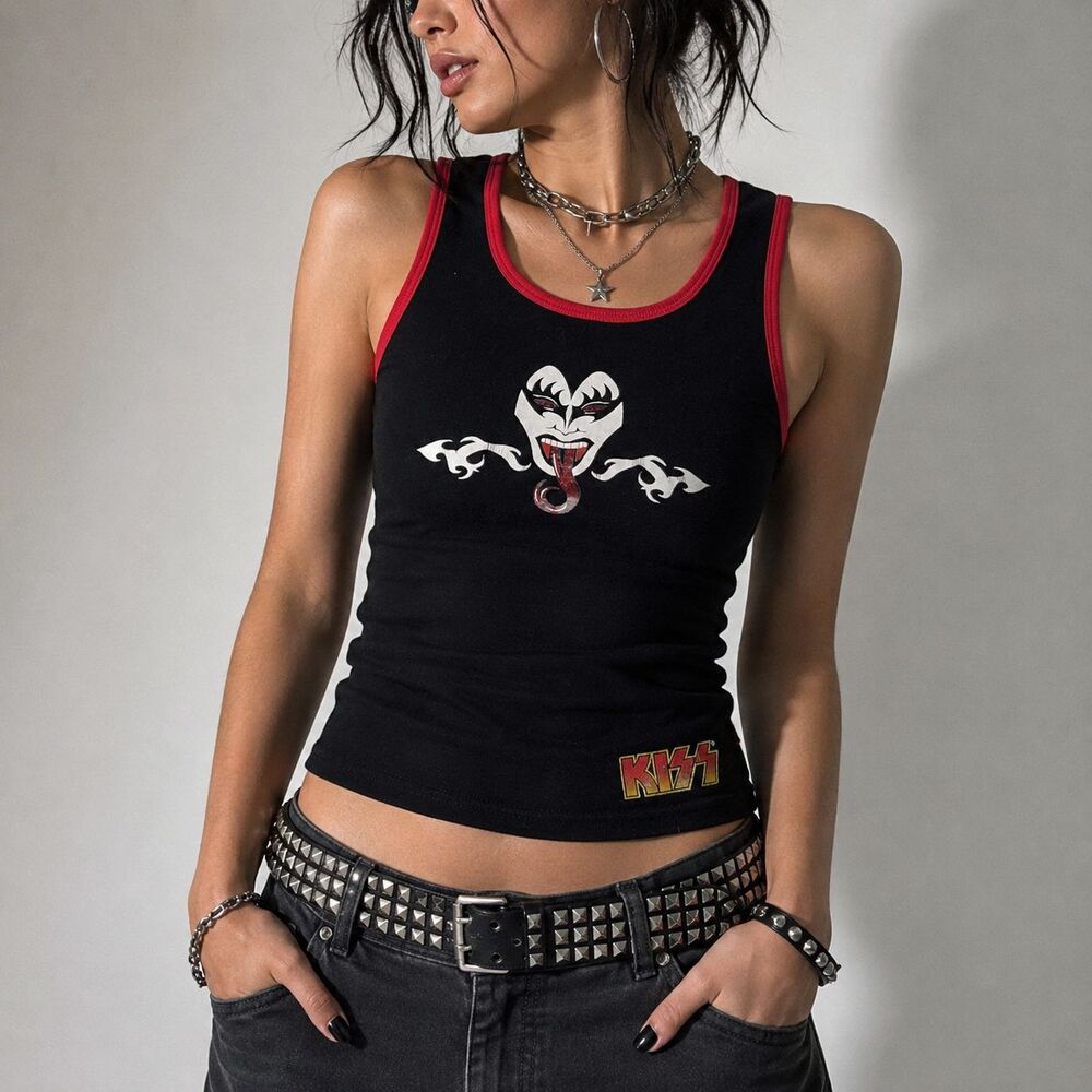 Vtg 2003 KISS Gene Simmons Tank Top Womens Black Red Y2K Made USA Dragonfly